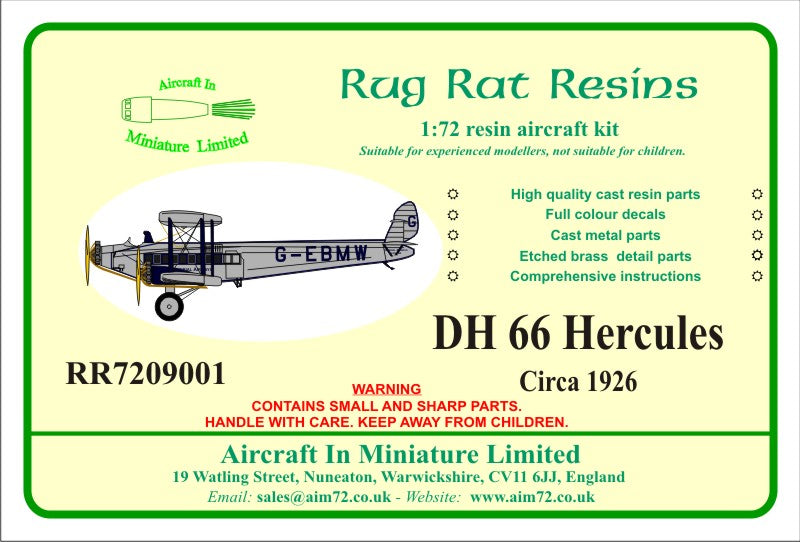 De Havilland DH 66 Hercules 1/72 Scale Resin Model Kit Rug Rat Resins RR09-004