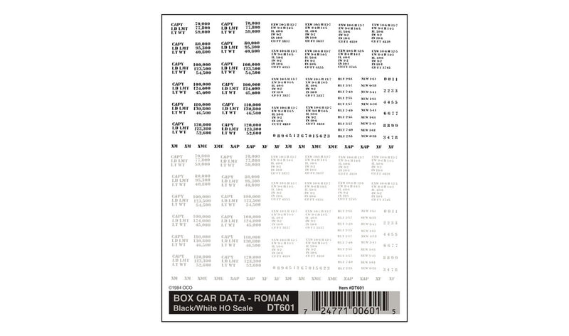 Box Car Data Roman Bl/Wh HO  Decals