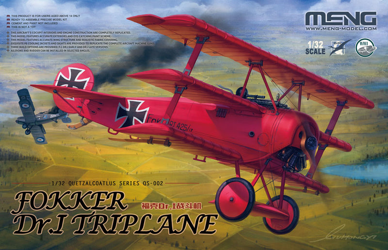 Fokker Dr1 Triplane Fighter 1/32 Scale  Plastic Model Kit w/ Red Baron bust Meng QS-002