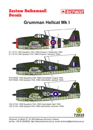Grumman Hellcat l  Markings in FAA Service  1/72 Scale Decal Sheet Twchnof 72035